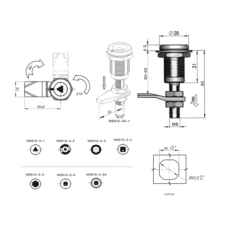 MS816-3-1 Serrures à loquet à compression à cylindre de serrure triangulaire de 8 mm MS816-3-1 Serrures à loquet à compression à cylindre de serrure triangulaire de 8 mm